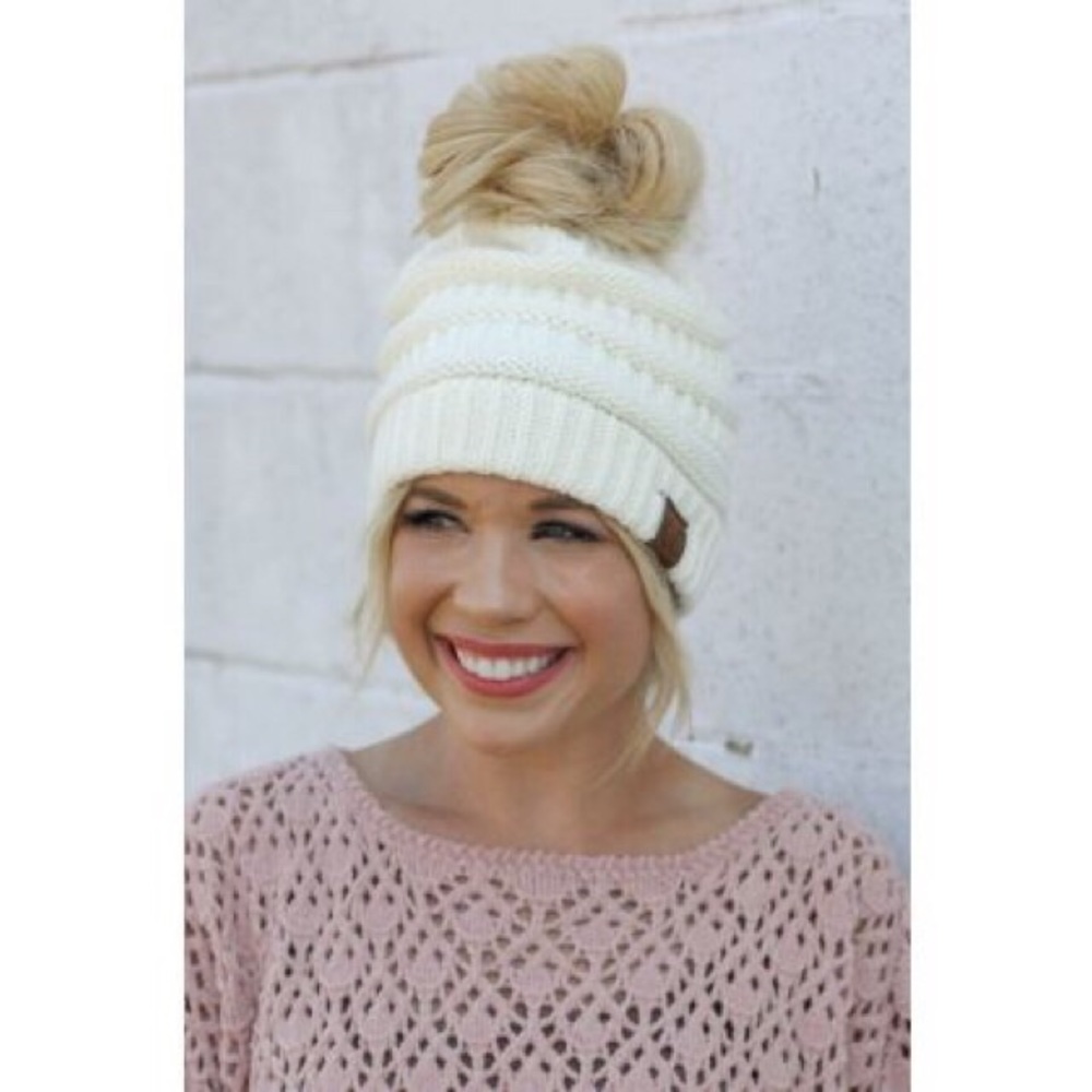 NEW C.C. Messy Bun Beanie in Ivory